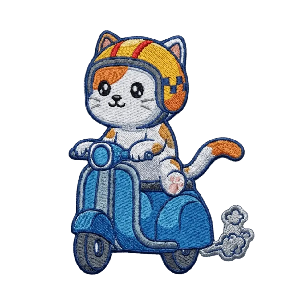 Custom embroidered patch featuring a cute calico cat wearing a yellow helmet and riding a blue vintage scooter.