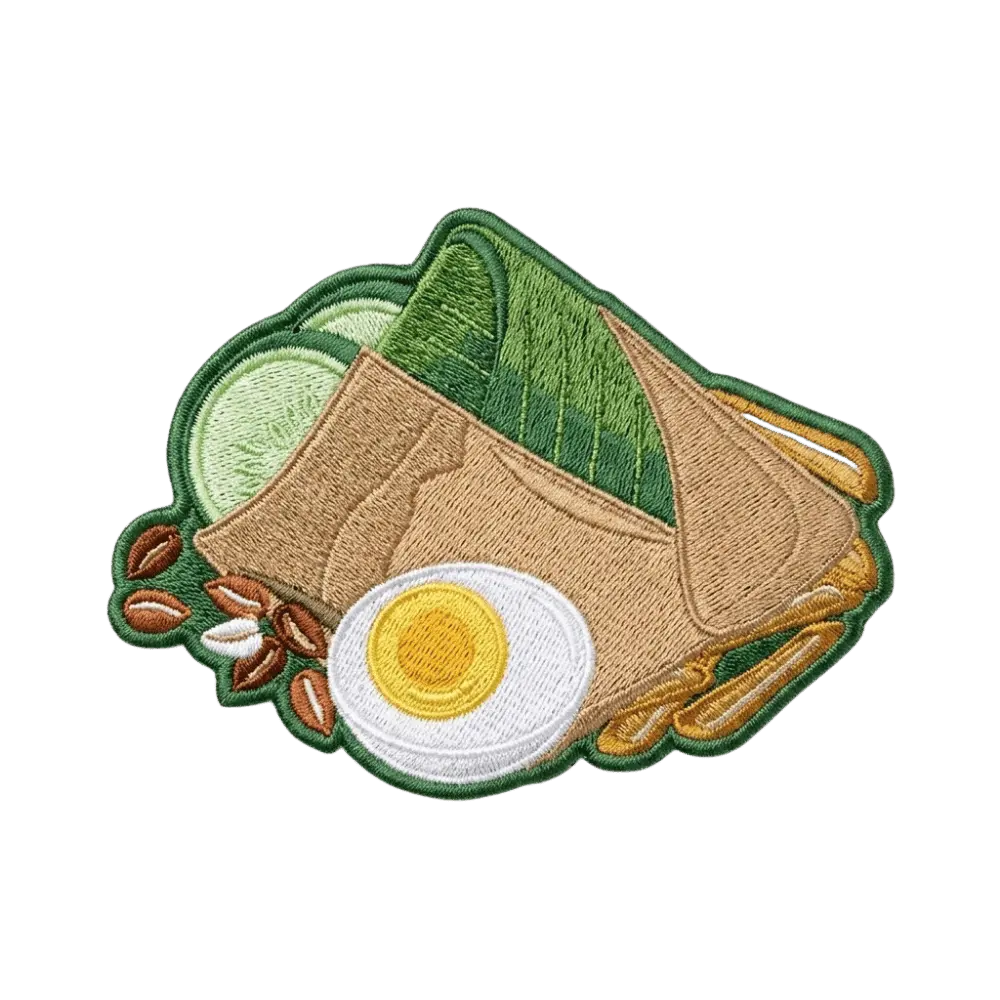 Custom embroidery patch of Malaysian Nasi Lemak, featuring detailed thread work of a brown paper wrap, banana leaf, boiled egg, anchovies, peanuts, and cucumber.
